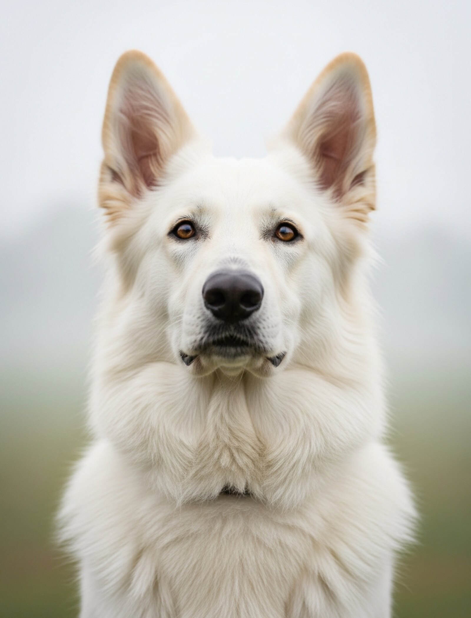 Portrait de face de Saga, berger blanc suisse de cinq ans, regard ambre, sur fond de brume