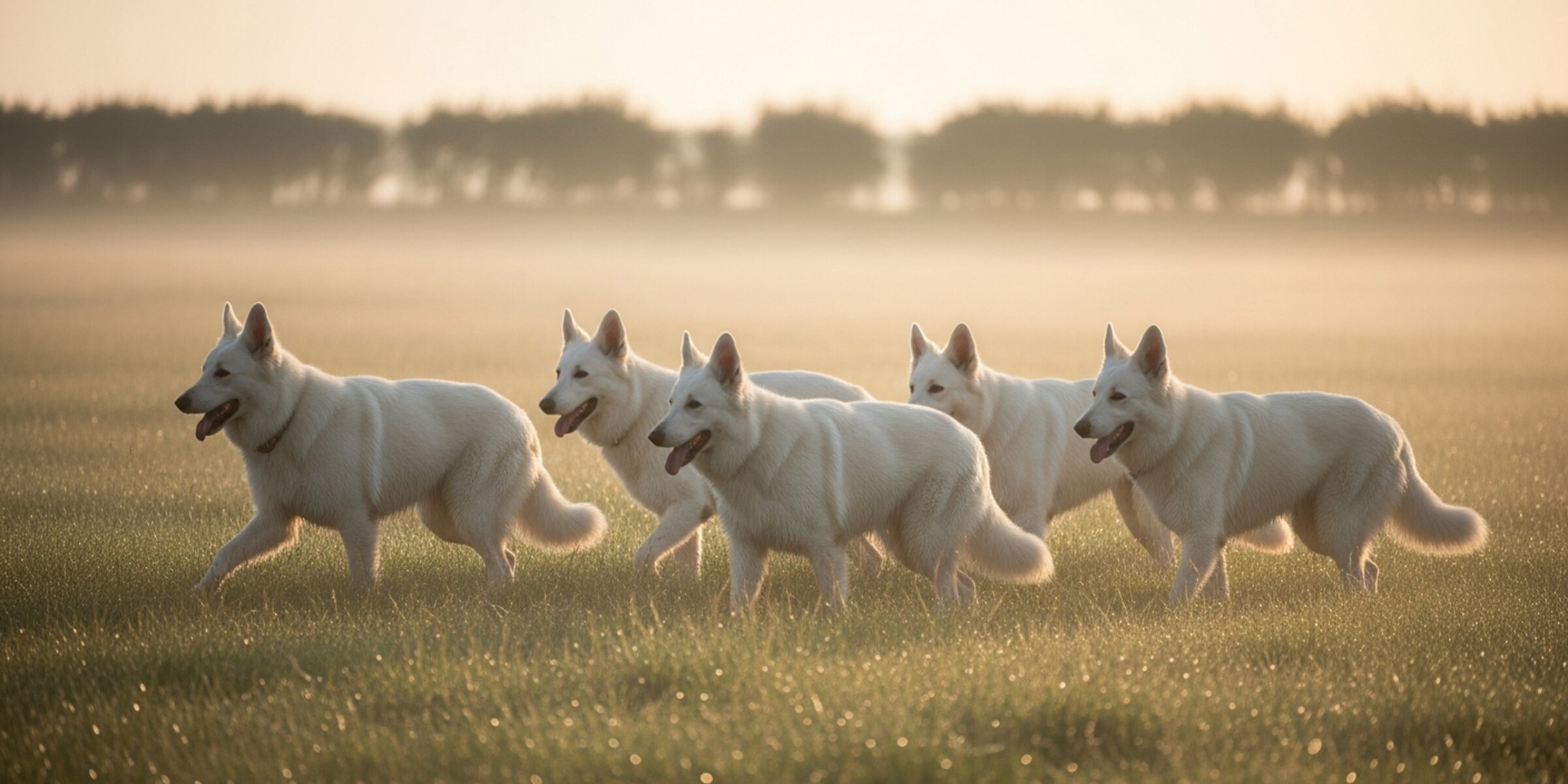 Les quatre bergers blancs suisses de l'élevage marchant dans la prairie au lever du jour, brume au sol