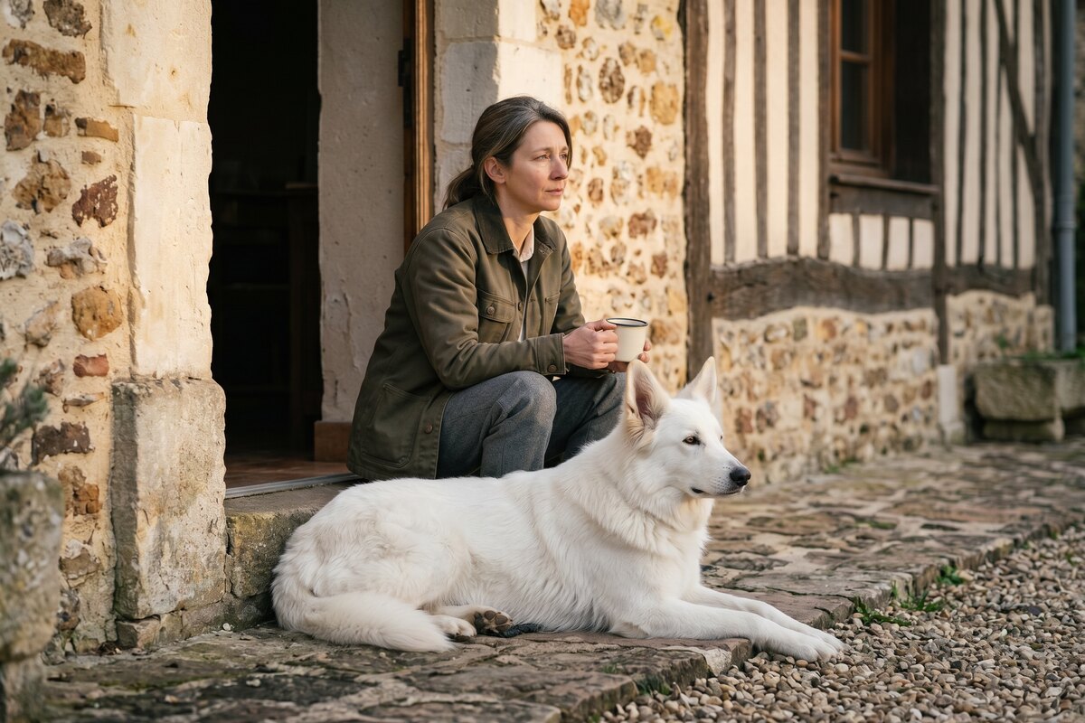 Claire Vasseur assise sur le seuil de la longère, un berger blanc suisse couché à ses pieds